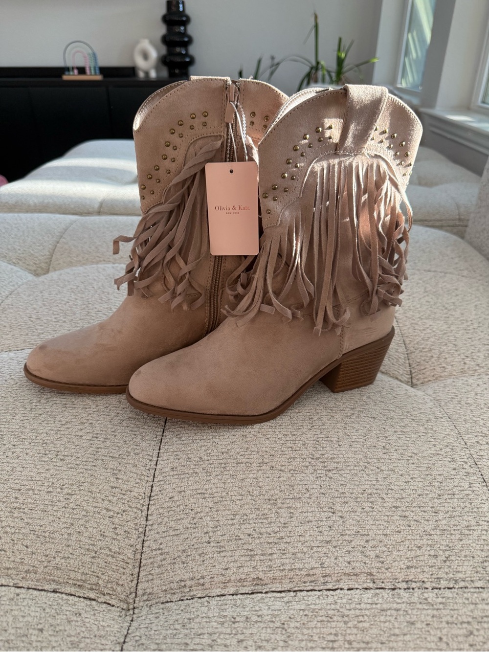 Taupe Suede Fringe Western Heeled Booties